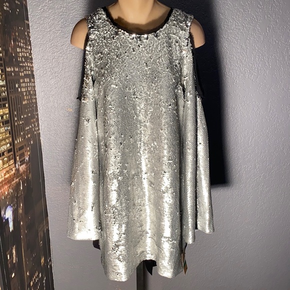 silver sequins, cold shoulder dress - Picture 2 of 15